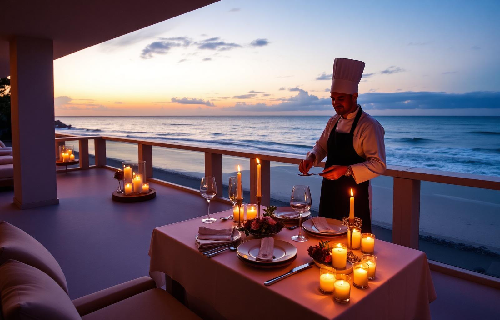 Private chef preparing a romantic beachfront dinner
